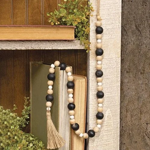 Black Natural White Wooden Bead Garland 34"L