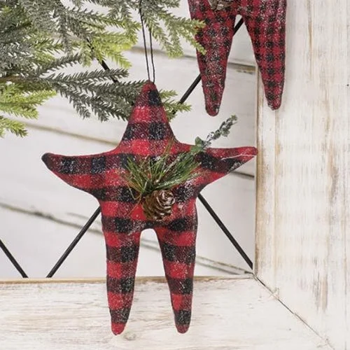 Buffalo Check Folk Star Ornament w/Pinecone