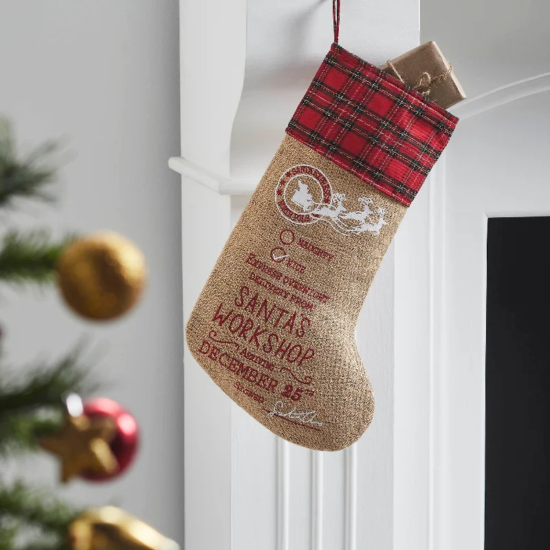 Burlap Natural Jute Plaid Santa's Workshop Stocking 12x20