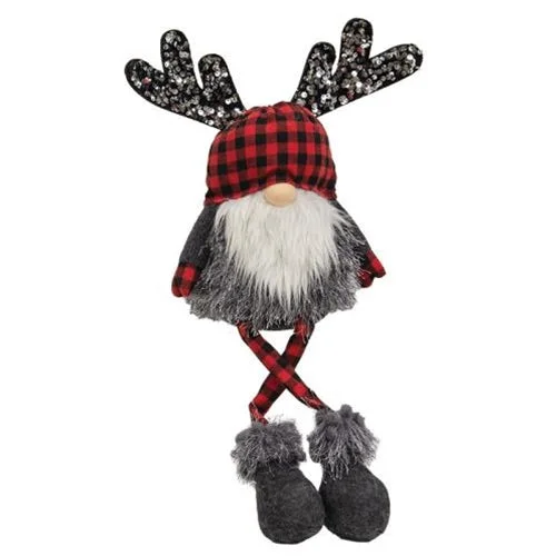 Red & Black Buffalo Check Sequin Reindeer Dangle Leg Gnome