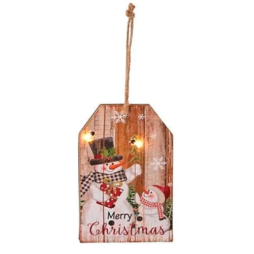 Sm Wooden Snowman Tag Ornament w/LED Light