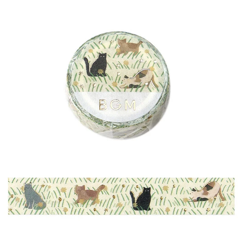 Cute Kawaii BGM Washi / Masking Deco Tape - Brown Black Cat Feline Pet Kitty in the field - for Scrapbooking Journal Planner Craft Stationery Decor Agenda Schedule