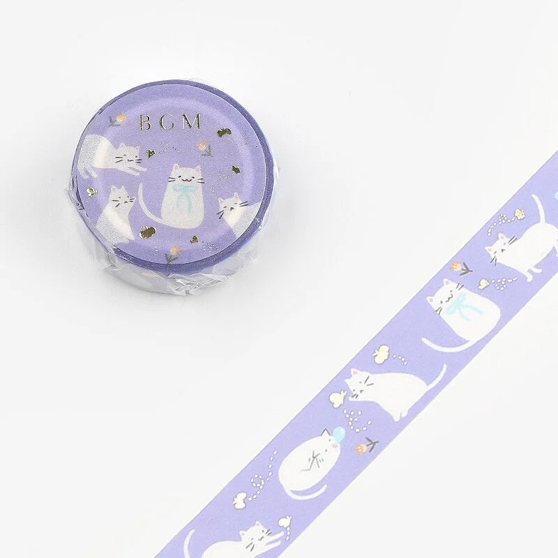 Cute Kawaii BGM Washi / Masking Deco Tape - Gold Accent - Cat Butterfly - for Scrapbooking Journal Planner Craft